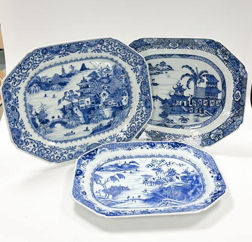 Lot 15 - Three Chinese export blue and white canted rectangular porcelain meat plates, Chen Lung, circa 1770