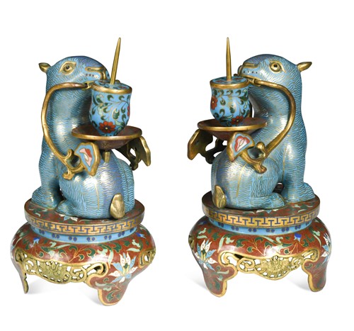 Lot 43 - A pair of Chinese cloisonné enamel candlesticks