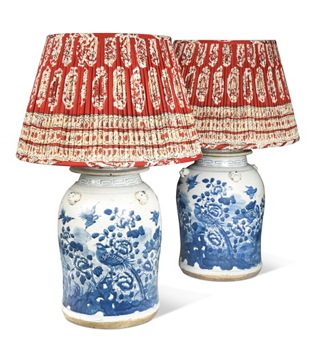 Lot 702 - A pair of Chinese style blue and white ceramic lamps, modern