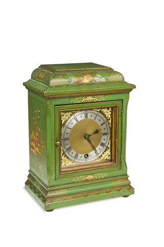 Lot 745 - A green and gilt Chinoiserie mantel timepiece, circa 1900