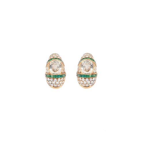 Lot 144 - A pair of yellow sapphire, emerald and diamond set ear clips