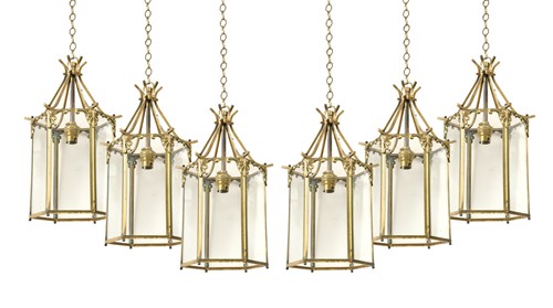 Lot 525 - A set of six hexagonal brass hall lanterns, mid 20th century