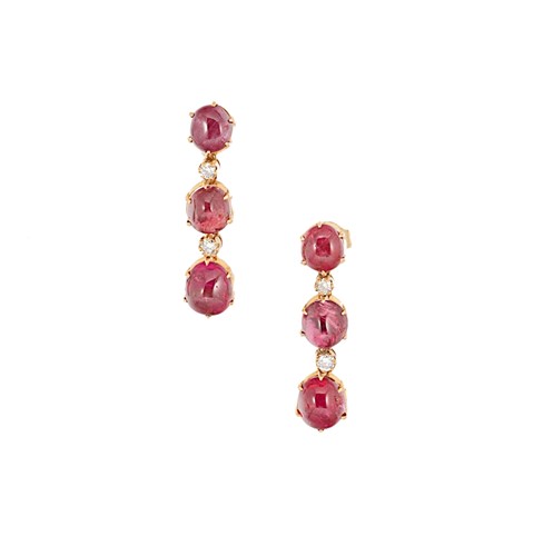 Lot 76 - A pair of spinel and diamond ear pendants