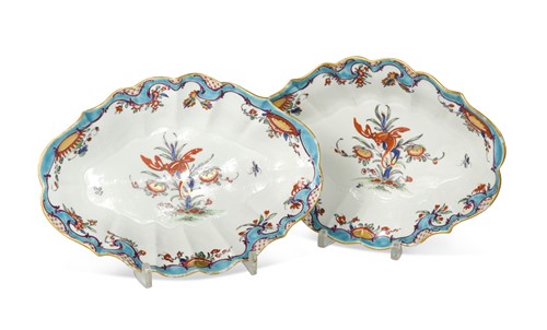 Lot 144 - A pair of Worcester Jabberwocky pattern fluted lozenge shaped dishes, circa 1765