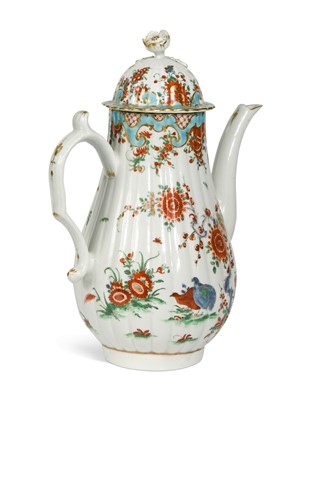 Lot 143 - A Worcester porcelain Two Quail pattern lobed coffee pot and cover, circa 1770