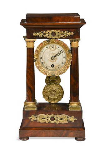 Lot 675 - A French figured mahogany portico timepiece by 'Robert a Paris', 19th century