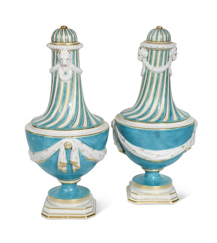 Lot 119 - A pair of Chelsea-Derby turquoise ground vases and covers, circa 1775-80