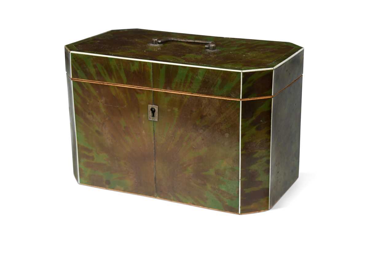 Lot 640 - A George III green stained tortoise shell tea caddy