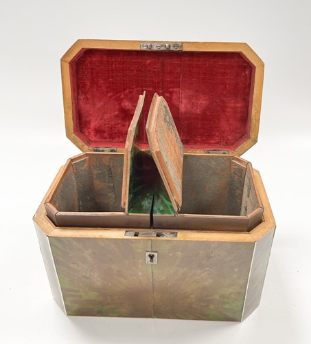 Lot 640 - A George III green stained tortoise shell tea caddy