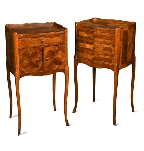 Lot 629 - A pair of Louis XV style kingwood parquetry bedside cabinets