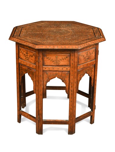 Lot 656 - A Hoshiapur brass inlaid teak folding table, circa 1900