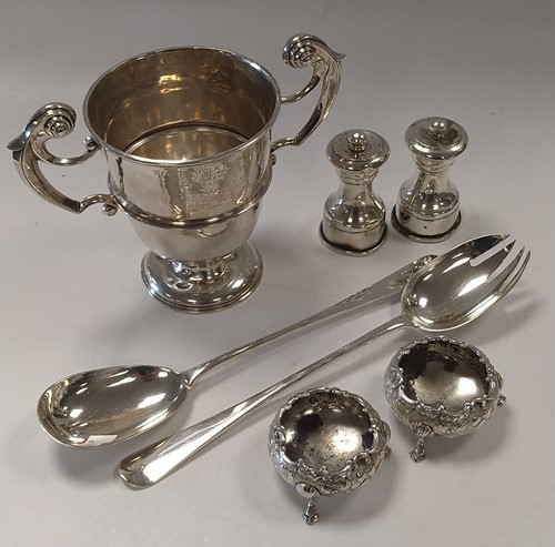 Lot 282 - A Chester marked silver two handled trophy cup,...