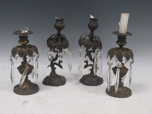 Lot 83 - Two pairs 19th century candlestick lustres...