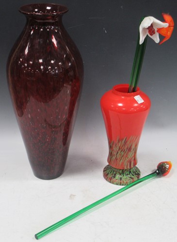 Lot 81 - A Venetian mottled red glass vase 49cm high...