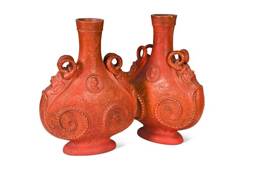 Lot 111 - A pair of Gerber and Schiller redware moon flasks, mid 19th century