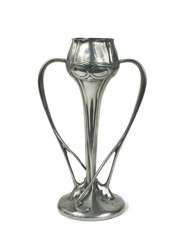 Lot 153 - Archibald Knox for Liberty and Co, a Tudric polished pewter twin-handled tulip vase, no 029