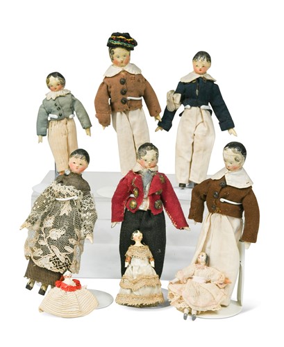 Lot 179 - A collection of six Grodnertal type dolls, mid-19th century