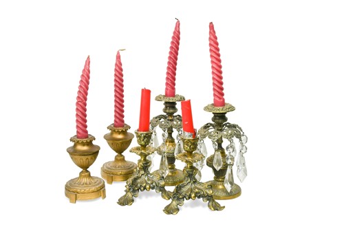 Lot 274 - A pair of gilt metal and glass lustre drop dwarf candlesticks, 19th century