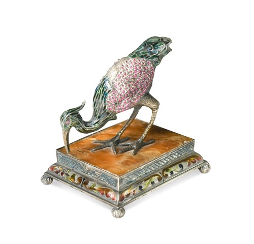 Lot 447 - A cast white metal cloisonne and encrusted model of an Ibis, Viennese, early 20th century