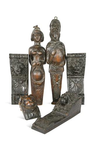 Lot 37 - A group of six early oak carvings, 17th century and later