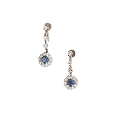 Lot 106 - A pair of sapphire and diamond ear pendants