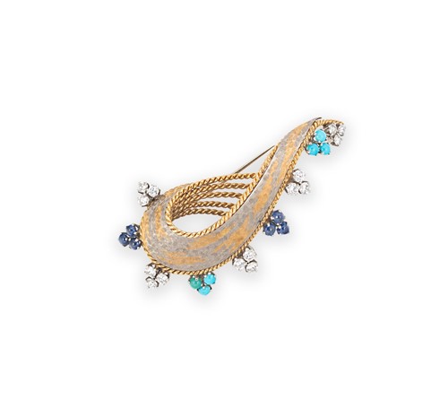 Lot 43 - Gübelin - A two colour brooch set with diamonds, sapphires and turquoise