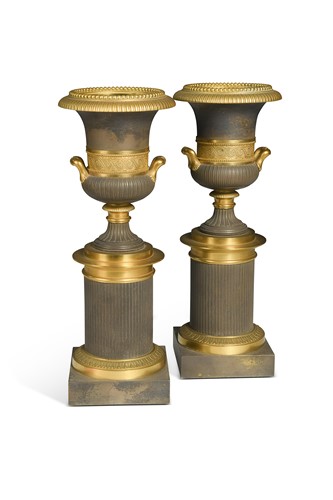 Lot 483 - A pair of French Napoleon III bronze and gilt metal mounted, two handled vases