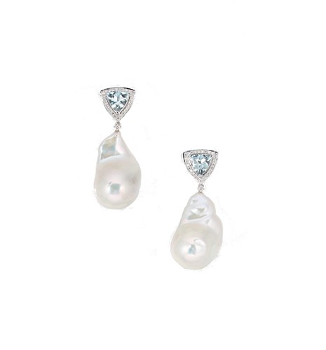 Lot 118 - A pair of baroque pearl, aquamarine and diamond set ear pendants