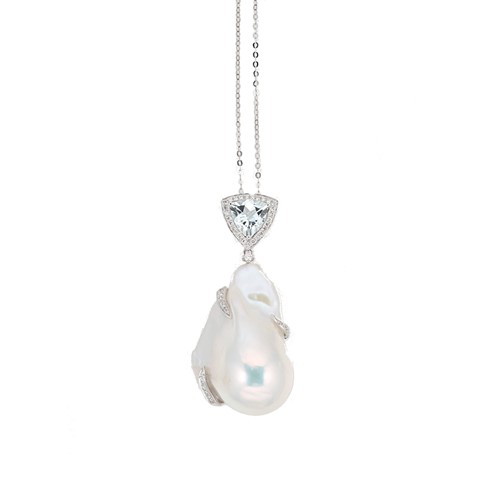 Lot 120 - A baroque pearl, aquamarine and diamond pendant and chain