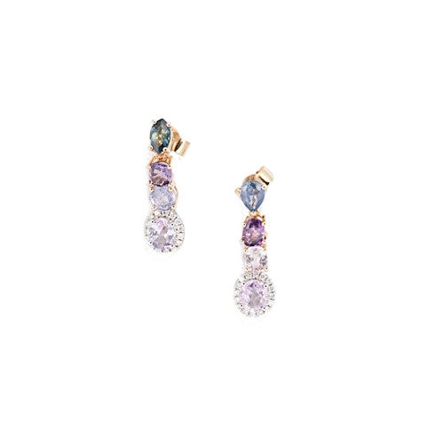 Lot 89 - A pair of multi coloured sapphire and diamond ear pendants