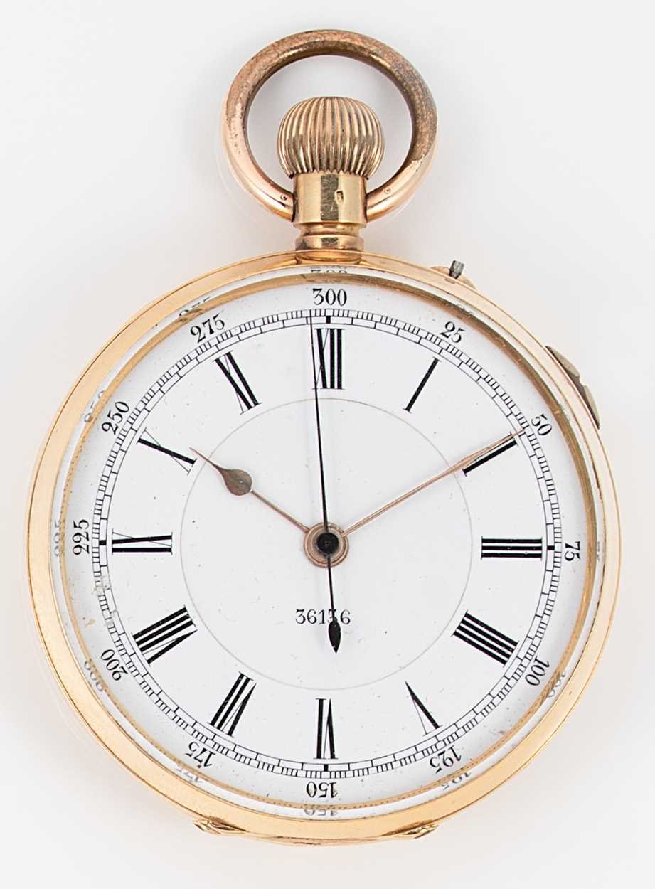 Lot 235 - William Greenwood, Leeds - A Swiss 18ct gold open faced chronograph pocket watch