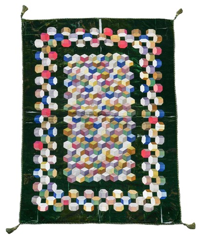 Lot 321 - A green velvet and patchwork silk quilt, 20th century