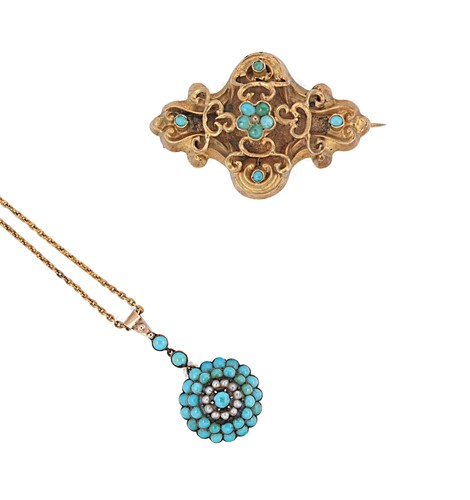 Lot 45 - A turquoise pendant, together with a turquoise memorial brooch