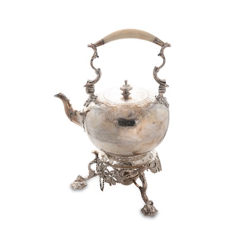 Lot 385 - A Victorian silver kettle and stand, engraved with a coursing scene