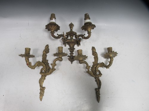 Lot 119 - A pair of brass two branch wall lights and one...
