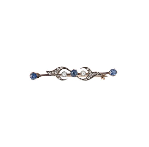 Lot 111 - An Edwardian sapphire, diamond and pearl bar brooch