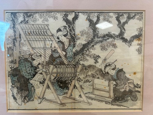 Lot 70 - Katsushika Hokusai (1760-1849) Women spinning wool, woodblock print