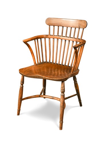 Lot 332 - A yew wood and elm stick back armchair, 19th century