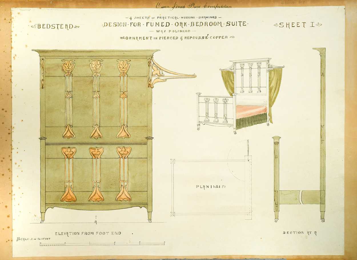 Lot 464 - A collection of six ink and watercolour Art Nouveau furniture designs for the Owen Jones Furniture Competition, circa 1900