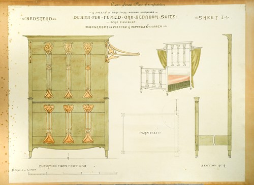 Lot 464 - A collection of six ink and watercolour Art Nouveau furniture designs for the Owen Jones Furniture Competition, circa 1900