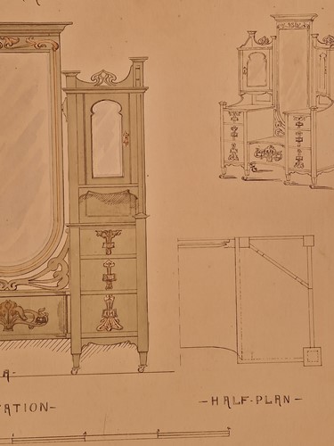 Lot 464 - A collection of six ink and watercolour Art Nouveau furniture designs for the Owen Jones Furniture Competition, circa 1900