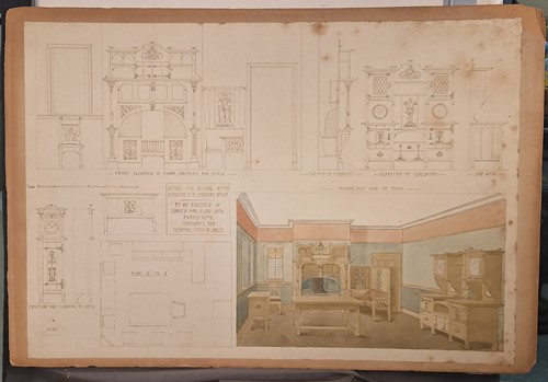 Lot 464 - A collection of six ink and watercolour Art Nouveau furniture designs for the Owen Jones Furniture Competition, circa 1900