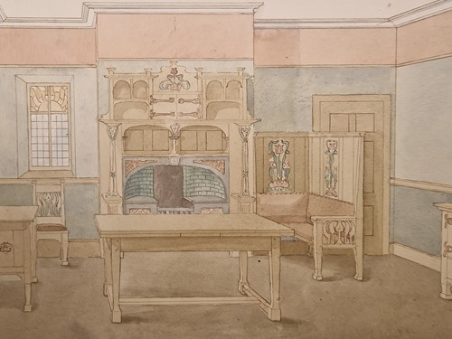 Lot 464 - A collection of six ink and watercolour Art Nouveau furniture designs for the Owen Jones Furniture Competition, circa 1900
