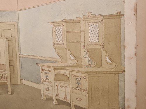 Lot 464 - A collection of six ink and watercolour Art Nouveau furniture designs for the Owen Jones Furniture Competition, circa 1900