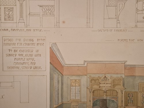 Lot 464 - A collection of six ink and watercolour Art Nouveau furniture designs for the Owen Jones Furniture Competition, circa 1900