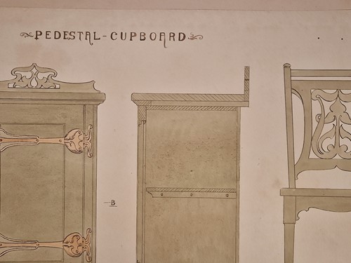 Lot 464 - A collection of six ink and watercolour Art Nouveau furniture designs for the Owen Jones Furniture Competition, circa 1900