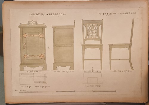 Lot 464 - A collection of six ink and watercolour Art Nouveau furniture designs for the Owen Jones Furniture Competition, circa 1900