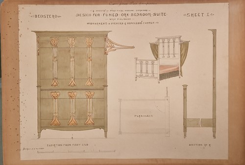 Lot 464 - A collection of six ink and watercolour Art Nouveau furniture designs for the Owen Jones Furniture Competition, circa 1900