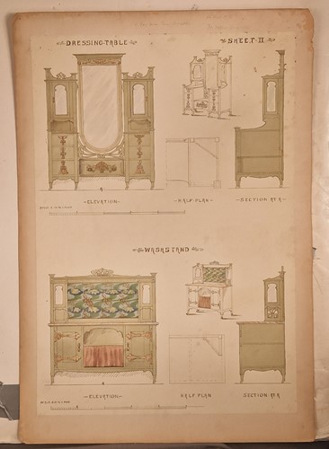 Lot 464 - A collection of six ink and watercolour Art Nouveau furniture designs for the Owen Jones Furniture Competition, circa 1900