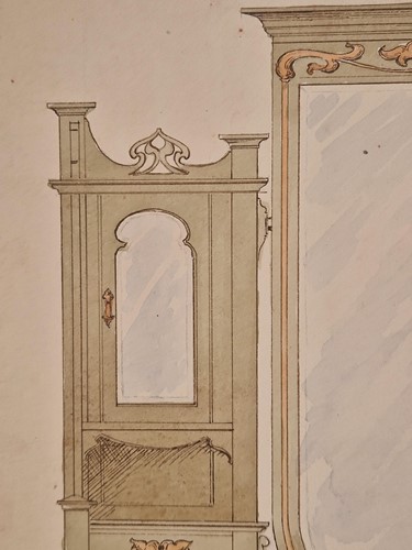 Lot 464 - A collection of six ink and watercolour Art Nouveau furniture designs for the Owen Jones Furniture Competition, circa 1900